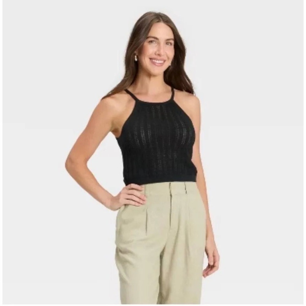 A New Day Pointelle Knit Tank Top Womens S Black High Neck Crochet Style boho